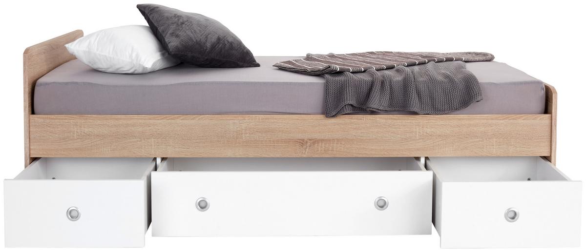 Postelja Wiki, Bela, Barva Hrasta, S Predali, 90x200 - bela/hrast sonoma, Konvencionalno, leseni material (204/66/95cm)