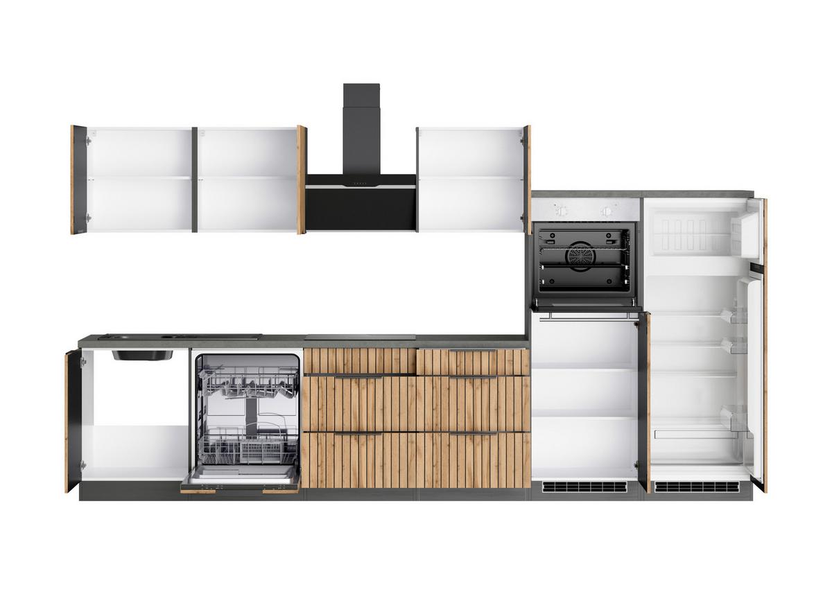 Küchenblock Liverpool m. Geräte Graphit/Eichefarben - Schieferfarben/Eiche Wotan, Basics, Holzwerkstoff/Metall (360cm) - Held