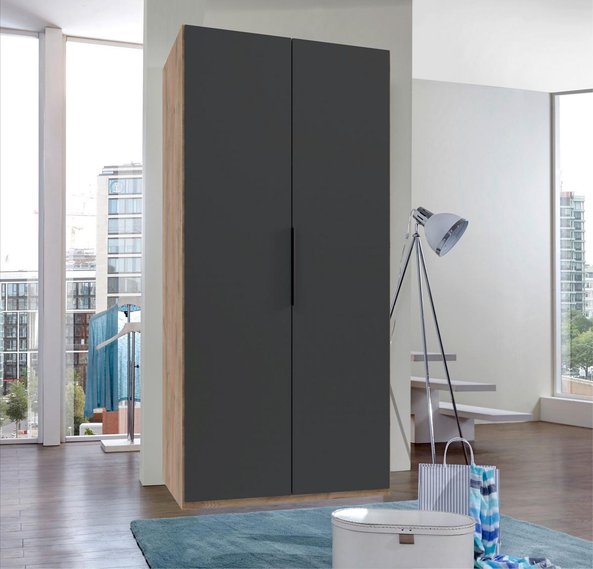 Drehtürenschrank Level 36A Graphit/Eiche - Chromfarben/Plankeneiche, MODERN, Holzwerkstoff (100/216/58cm) - MID.YOU