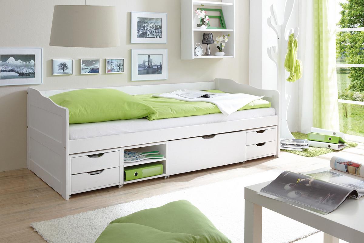 Stauraumbett "Marlies", aus Kiefer, weiß - Weiß, MODERN, Holz (90/200cm) - MID.YOU