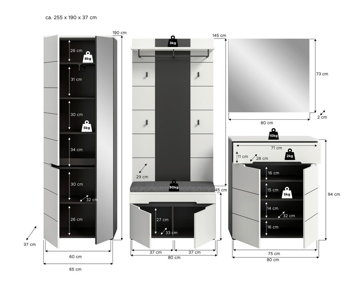 Predsoba Canu, Bela, Siva, Z Blazino, 6-Delna - bela, Design, leseni material (255/190/37cm) - Livetastic