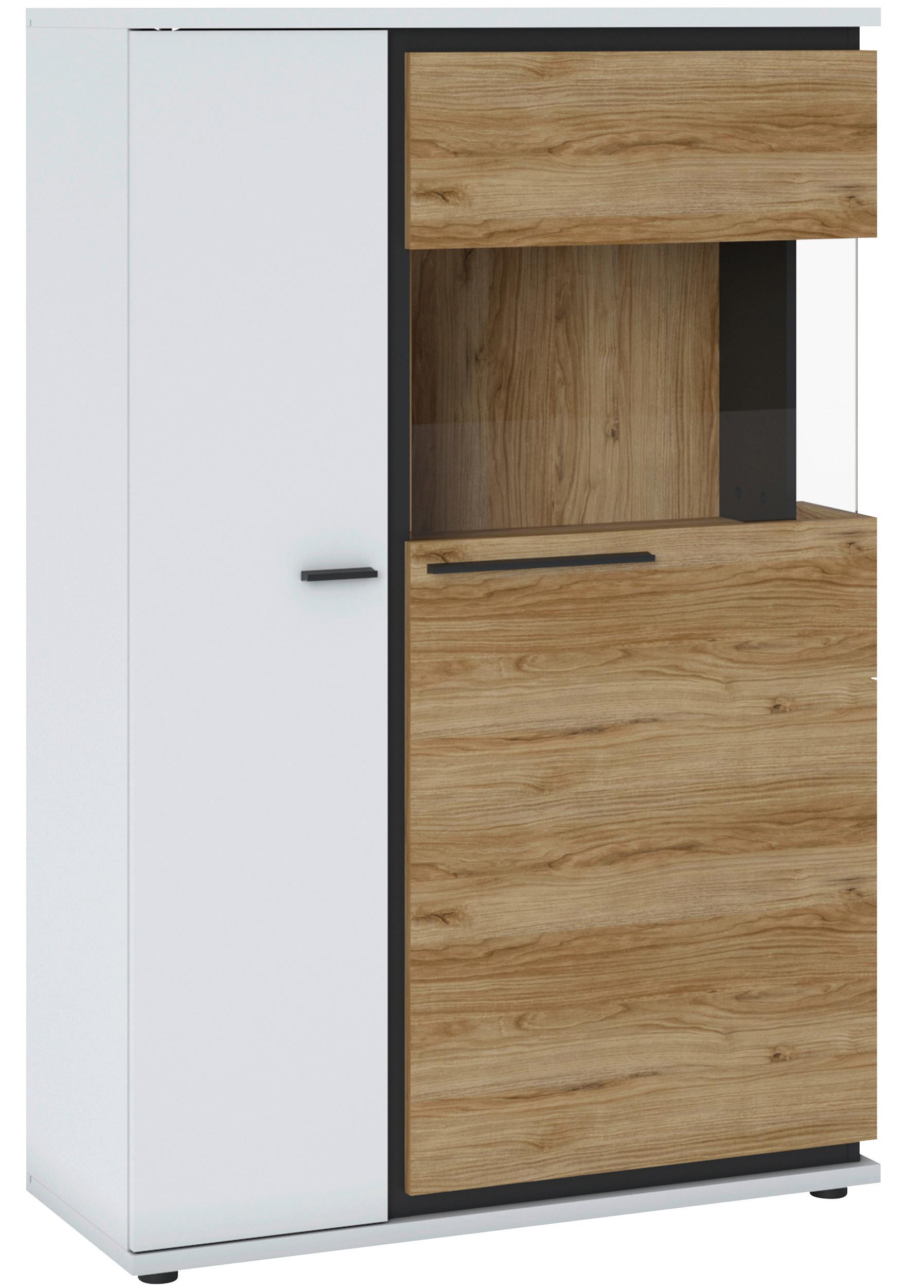 VITRINĂ SALINAS - alb/culoare lemn stejar, Trend, sticlă/material pe bază de lemn (93/139,8/37cm) - Modern Living