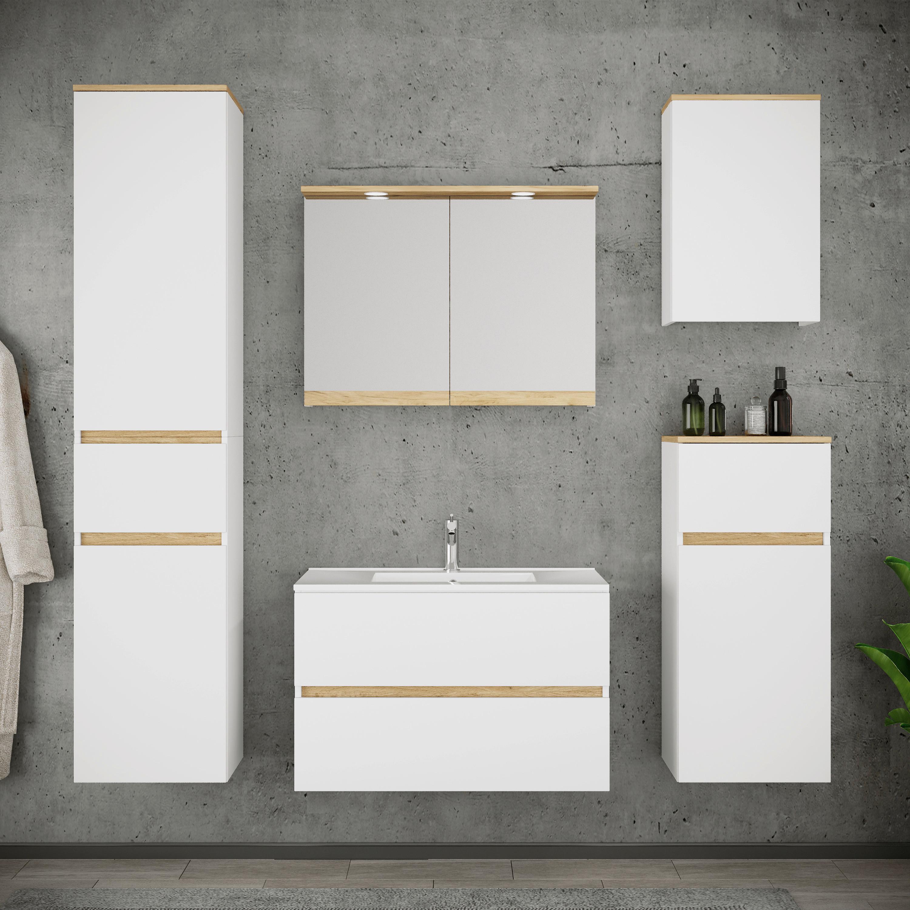 Badezimmer Cosila - Honigeiche/Weiss, Trend, Keramik/Holzwerkstoff (161cm) - MID.YOU
