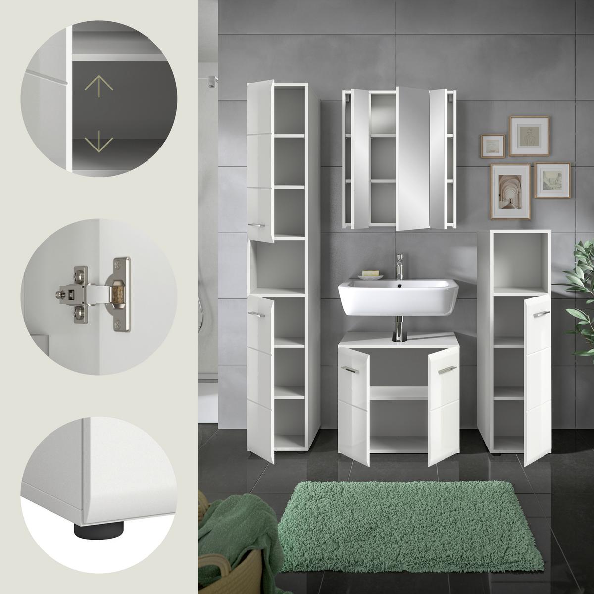 Badezimmer Ice 4-tlg. ca. 120 cm Weiß - Weiß Hochglanz/Silberfarben, MODERN, Holzwerkstoff/Kunststoff (120cm) - MID.YOU