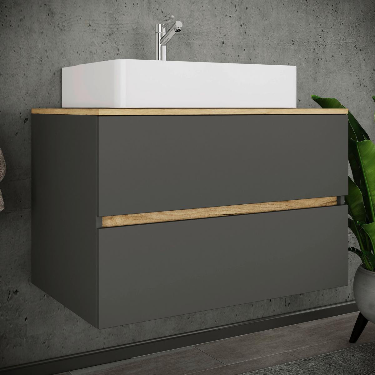 Badezimmer Cosila - Honigeiche/Weiss, Trend, Keramik/Holzwerkstoff (80/64/51cm) - MID.YOU