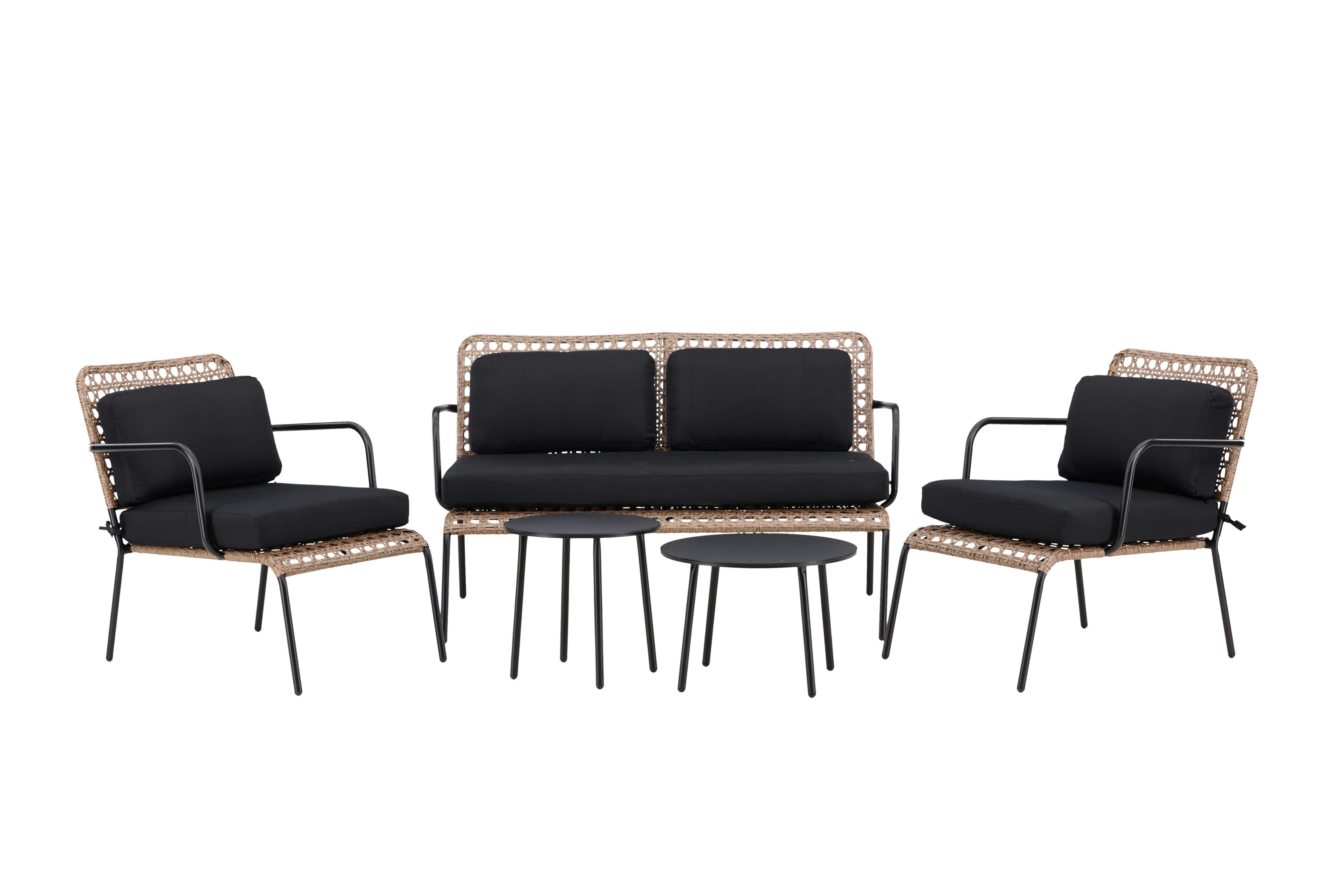 Loungegarnitur Paola 5-tlg. Rattan geflecht - Dunkelgrau/Schwarz, KONVENTIONELL, Naturmaterialien/Holz - Gardenson