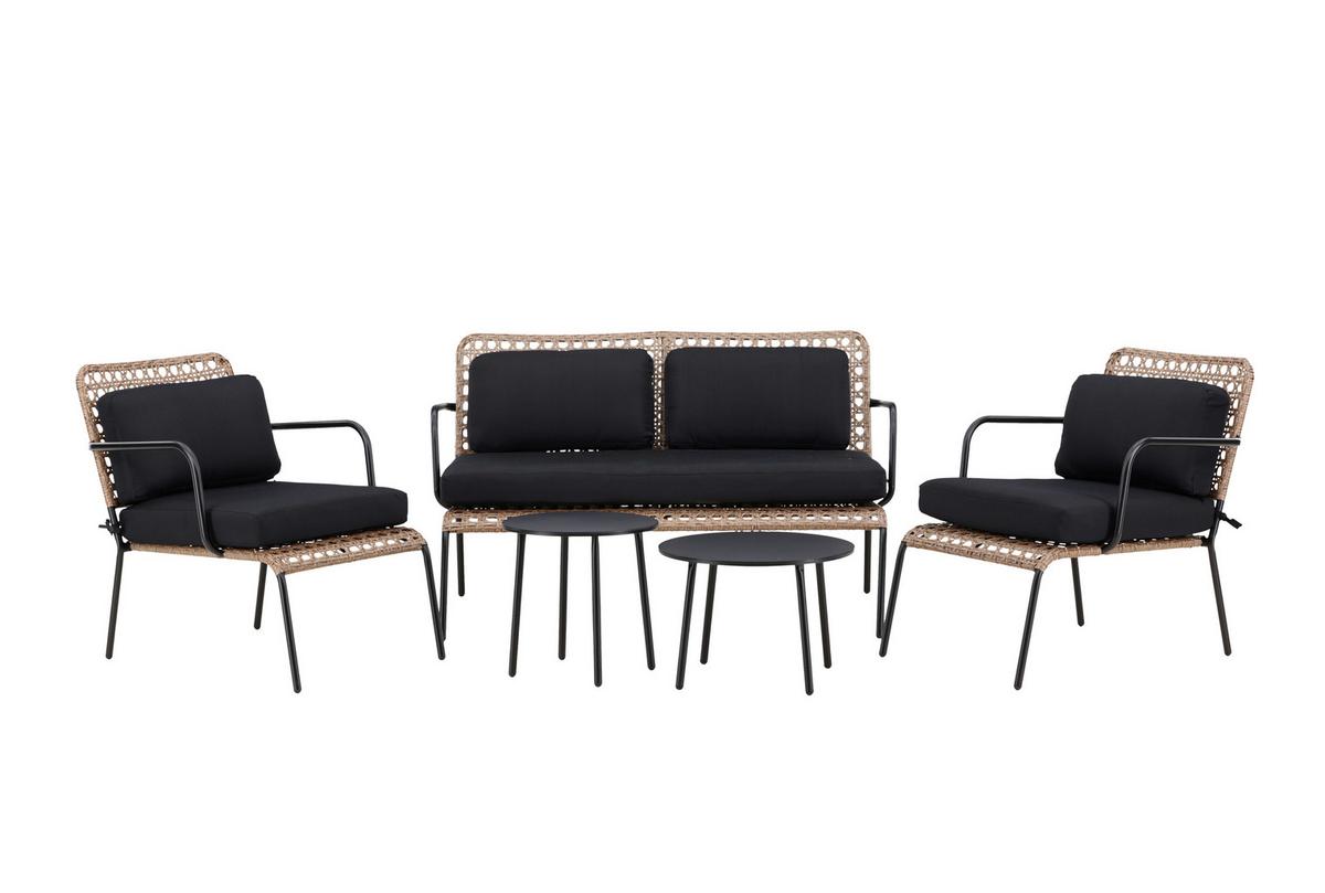 Loungegarnitur Paola 5-tlg. Rattan geflecht - Dunkelgrau/Schwarz, KONVENTIONELL, Naturmaterialien/Holz - Gardenson