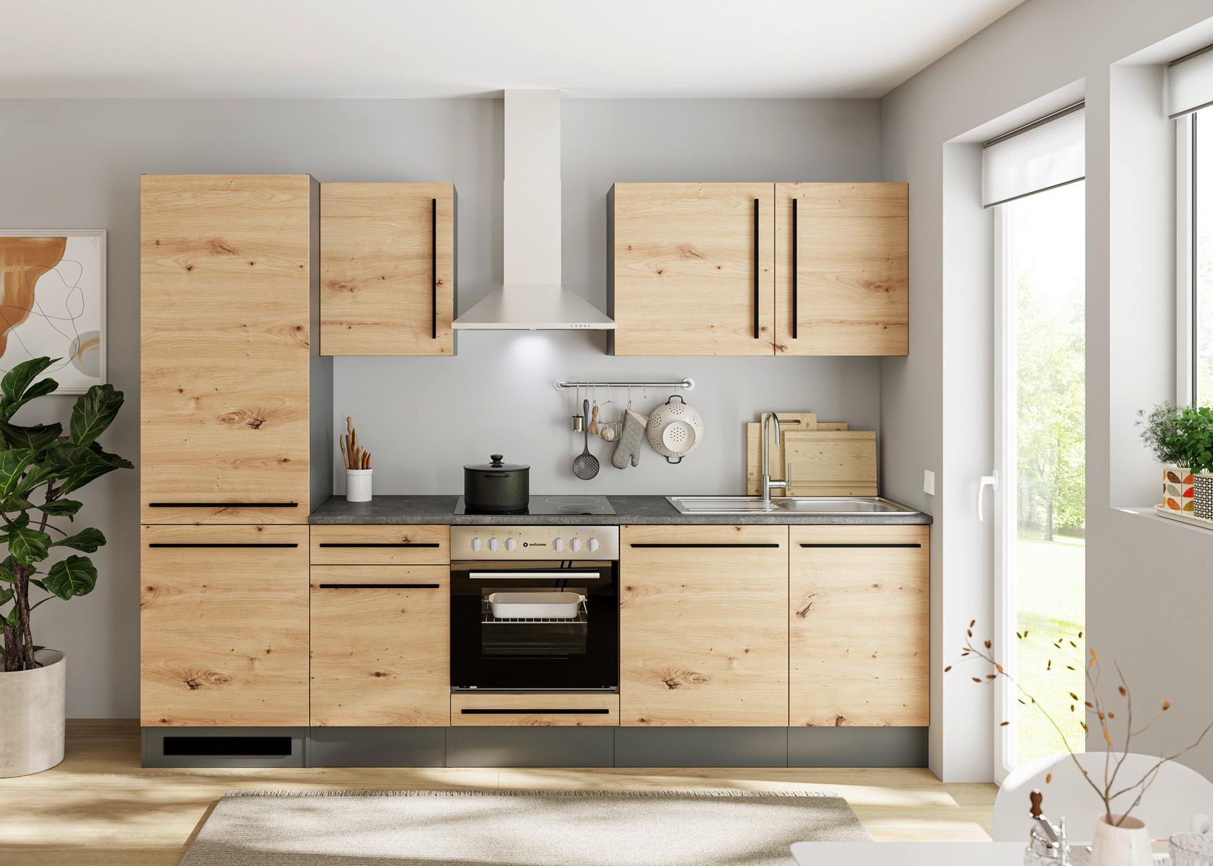 Küchenblock Jazz mit Geräten ca.280cm Eiche/Anthrazit - Anthrazit/Schwarz, LIFESTYLE, Holzwerkstoff/Kunststoff (280cm) - P & B