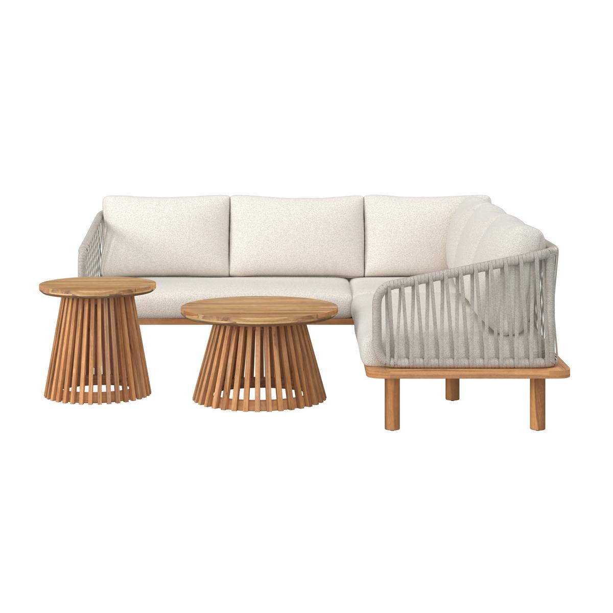 Loungegarnitur Mara Holz Outdoorstoff/Metall +Abdeckung - Creme/Teakfarben, MODERN, Holz/Textil (190/62,5/70cm) - Bessagi Garden
