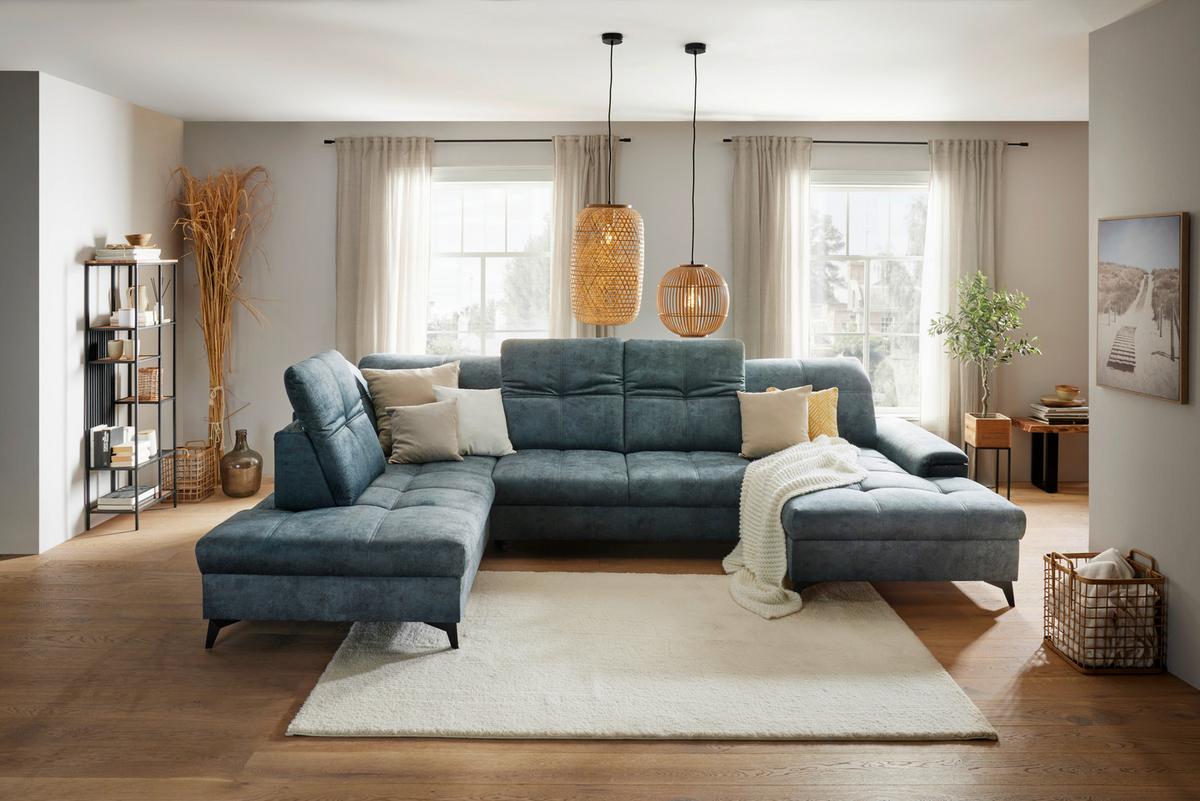 Wohnlandschaft Sierra in Dunkelblau - Blaugrau/Schwarz, MODERN, Textil/Metall (230/364/181cm) - Mömax