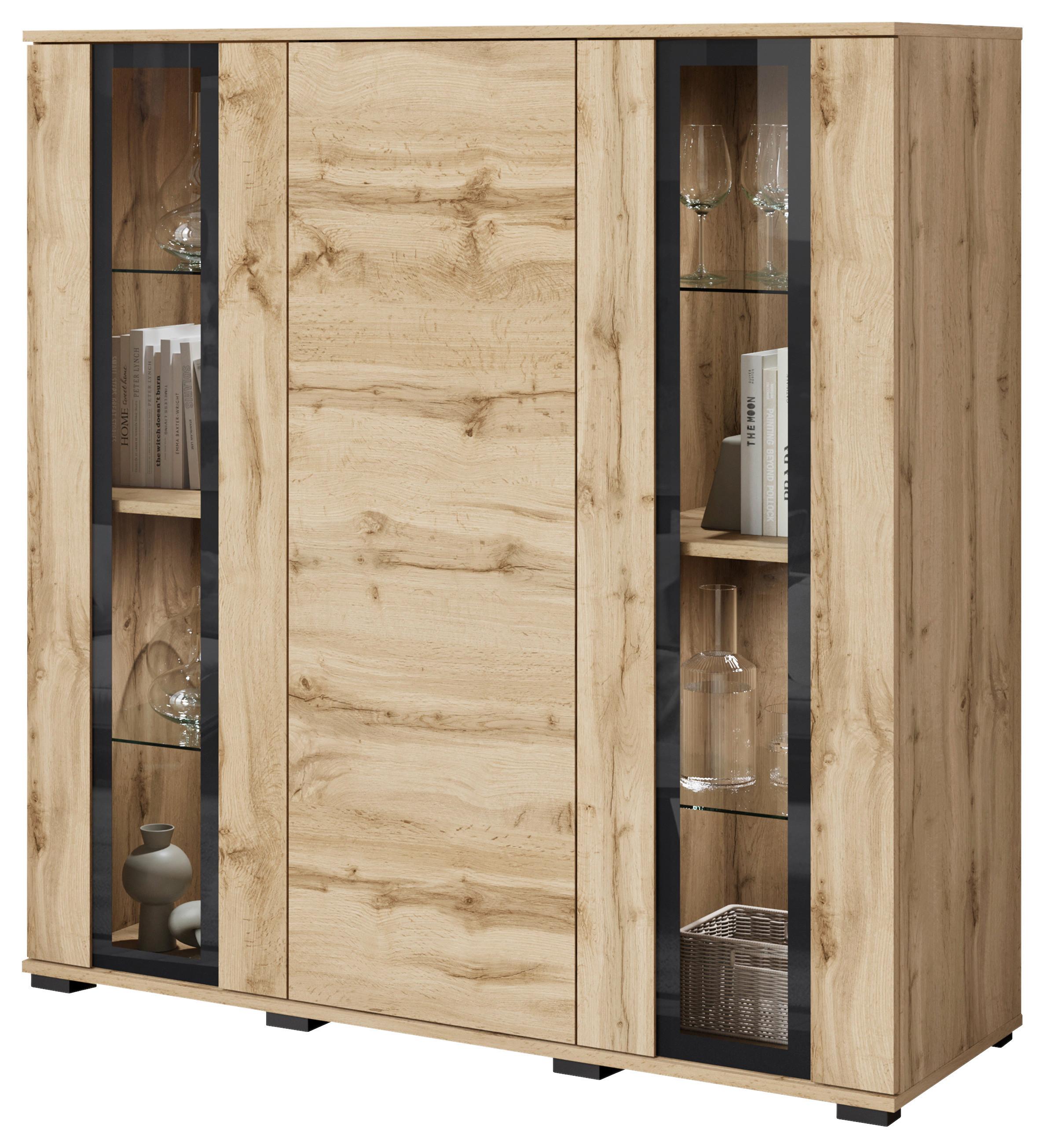 Highboard Caro 120 - Eiche Wotan/Schwarz, Design, Glas/Holzwerkstoff (120/121,9/39,5cm) - P & B
