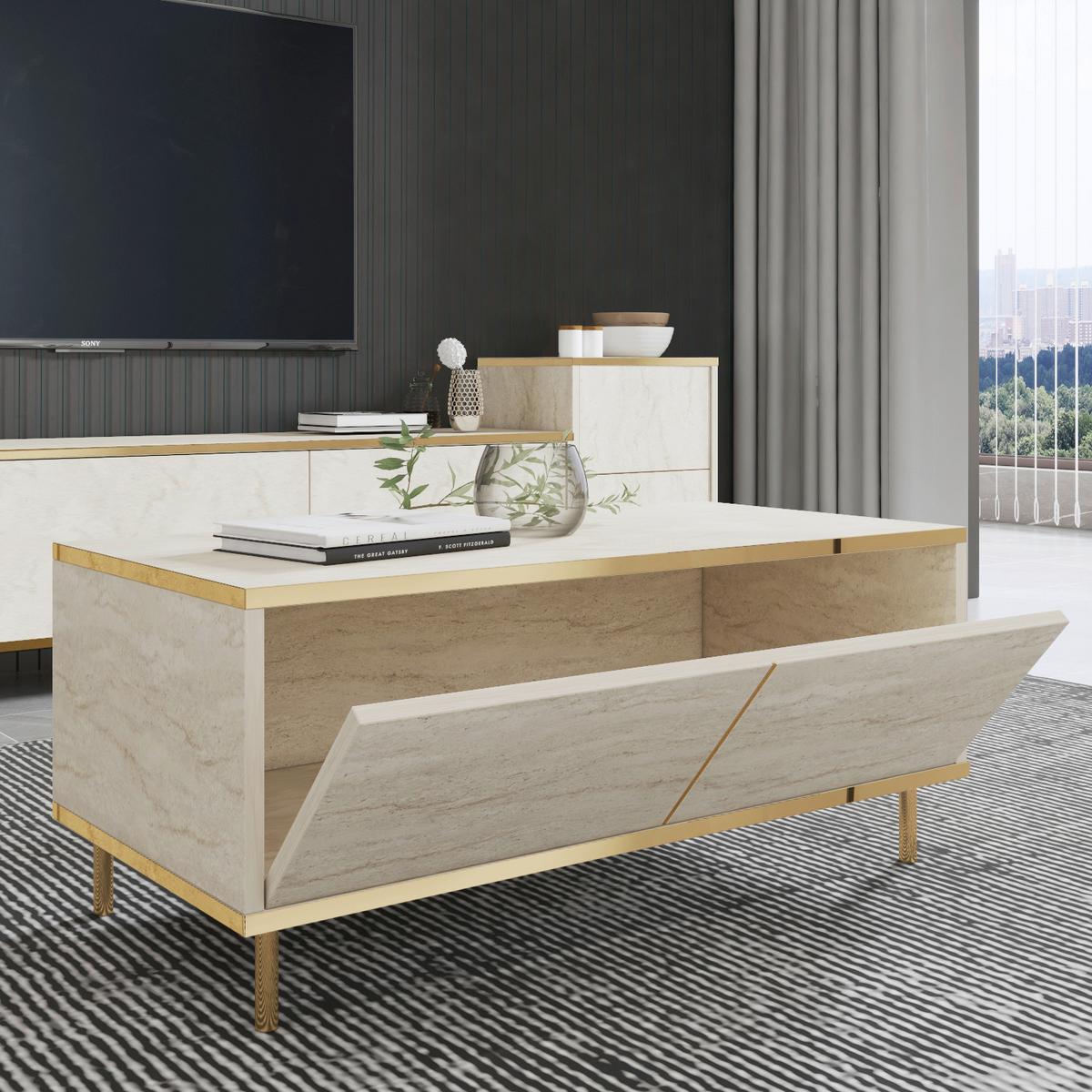 COUCHTISCH IMAJ COUCHTISCH - Beige/Goldfarben, Design, Holzwerkstoff/Metall (90/45/40cm) - Livetastic