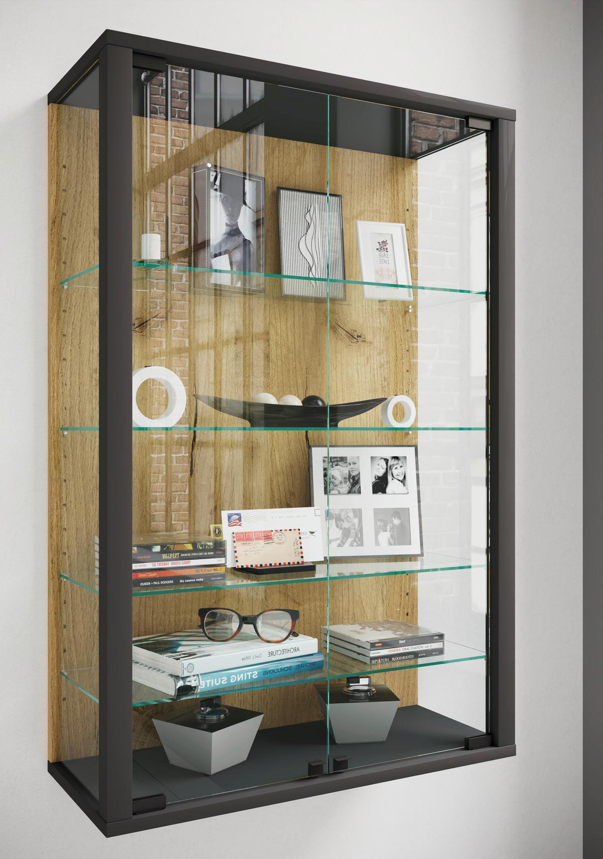 Hängevitrine Udina Schwarz/Honigeiche - Honigeiche/Klar, Design, Glas/Holzwerkstoff (59/91/25cm) - Livetastic