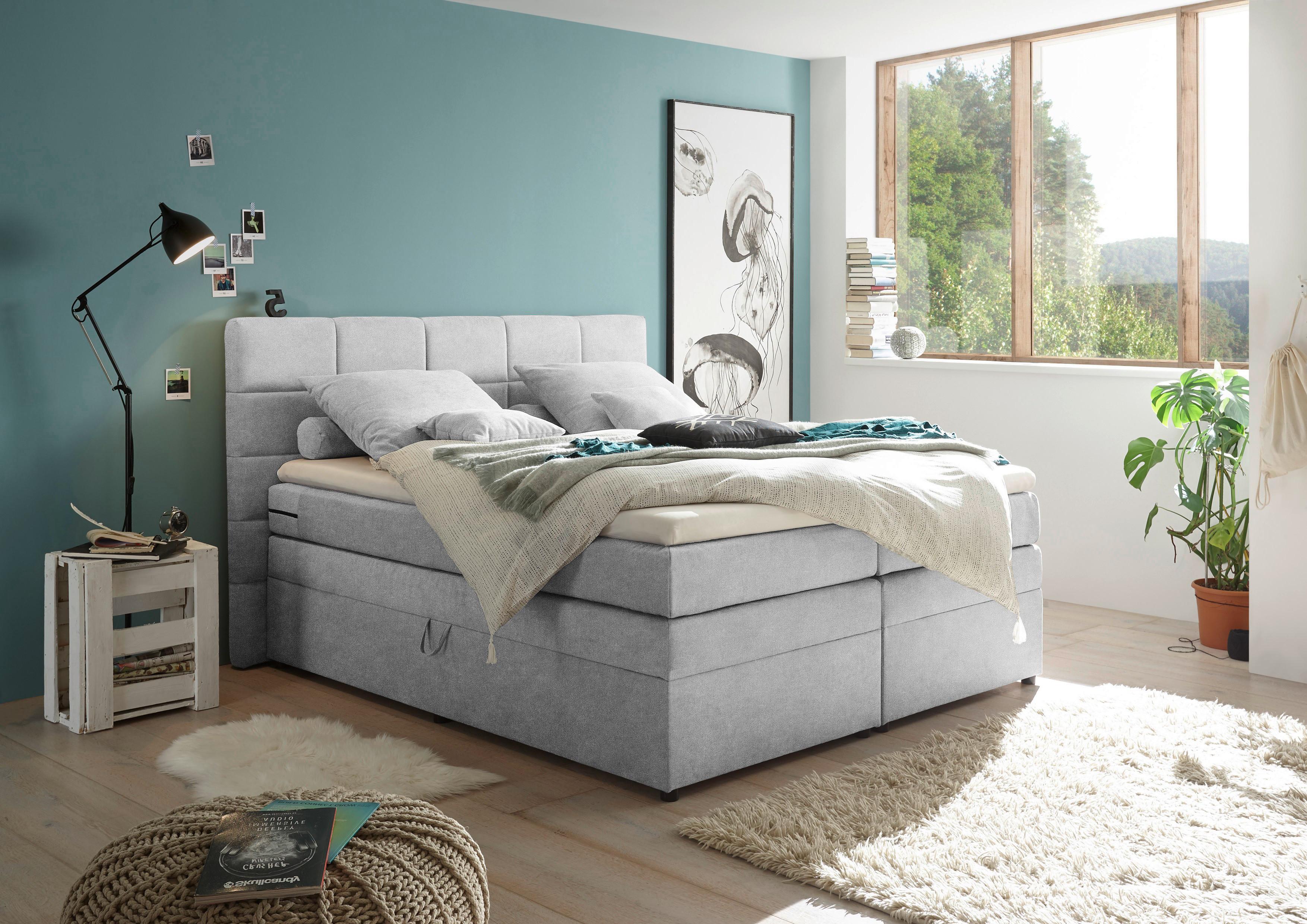 Boxspringbett Tacoma 3 inkl. Topper ca. 180x200 cm Silberf. - Silberfarben, KONVENTIONELL, Kunststoff/Textil (180/200cm) - MID.YOU