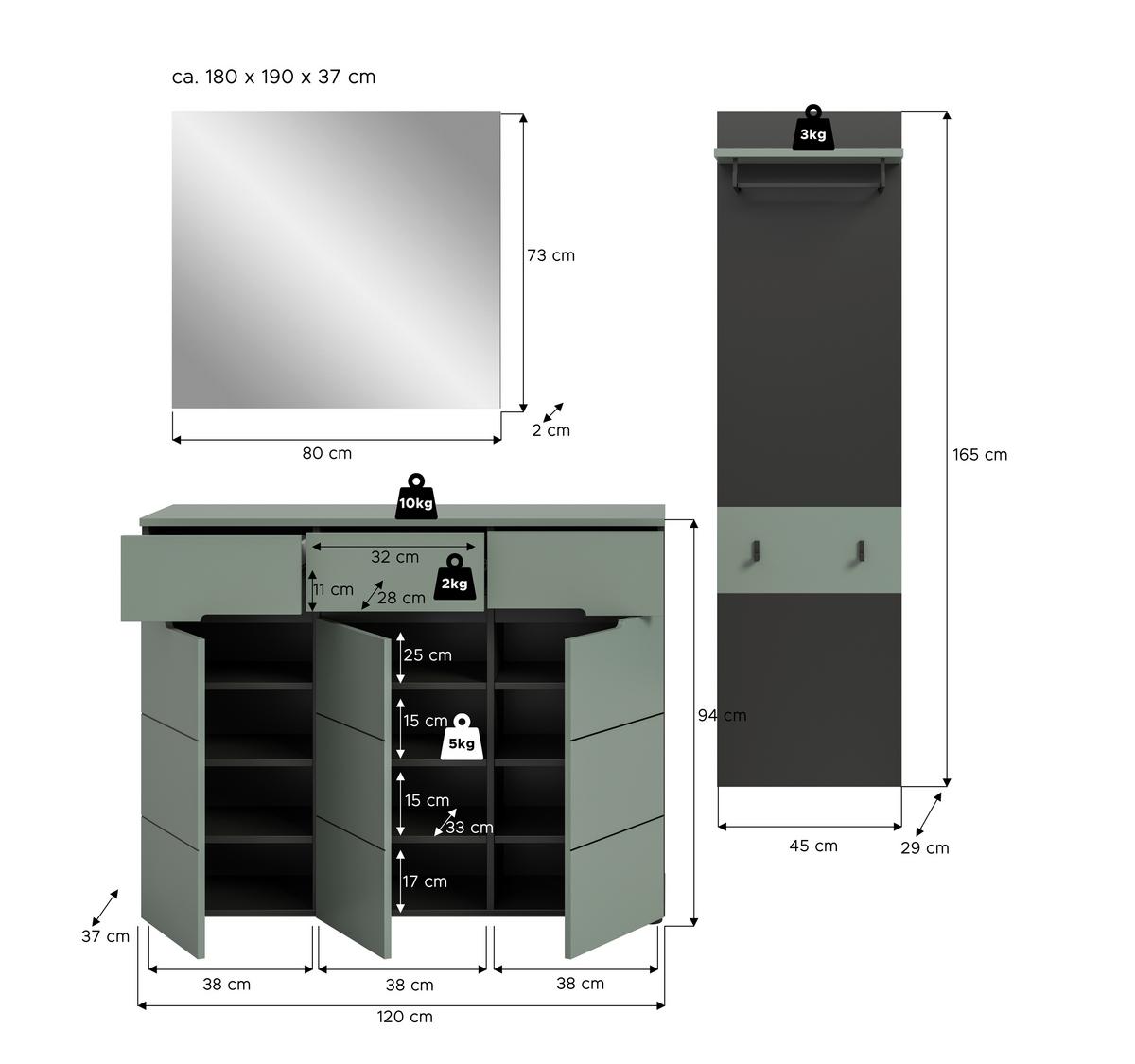 Predsoba Canu, Sivozelena, 3-Delna - Design, leseni material (180/190/37cm) - Livetastic