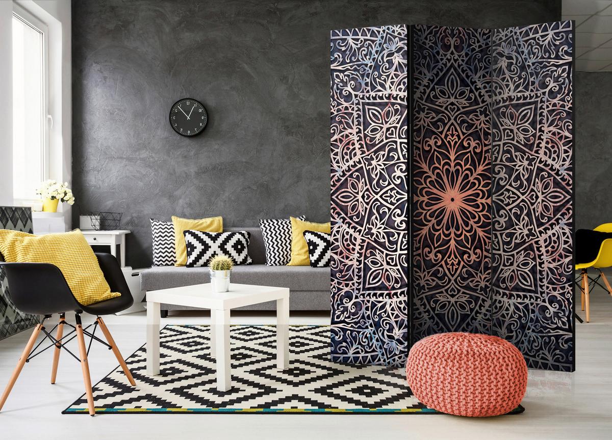 Paravan Spiritual Finely, 3-Delni, Dvostranski - črna/večbarvno, Basics, tekstil/les (135/172/3cm) - artgeist