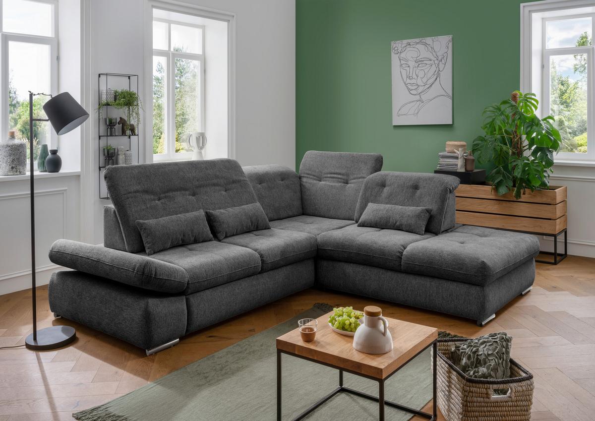 Ecksofa Dalida Anthrazit Chenille m. Bettkasten - Chromfarben/Anthrazit, Design, Textil/Metall (280/254cm) - Livetastic