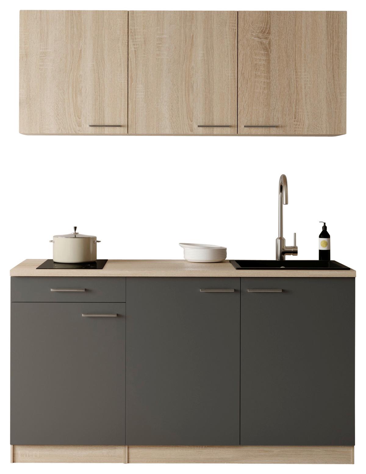 Miniküche Ingrid m. Gerät ca. 150cm Grau - Eichefarben/Alufarben, Design, Holzwerkstoff/Kunststoff (150cm) - Respekta