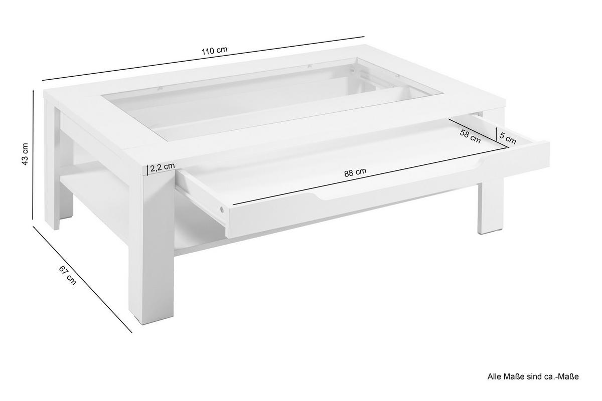 Couchtisch mit Glasplatte, Lade und Ablage Ralph, Weiß - Weiß, MODERN, Glas/Holzwerkstoff (110/43/67cm) - MID.YOU