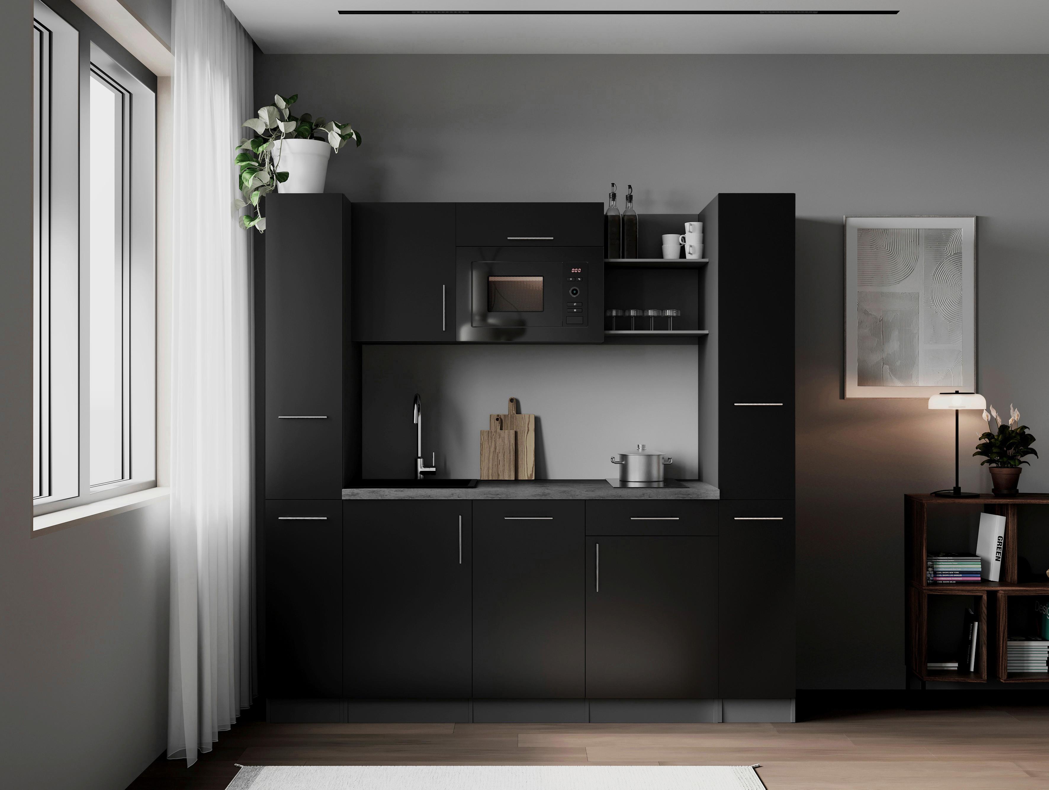 Küchenblock Oliver m. Geräten Schwarz - Schwarz/Grau, Trend, Holzwerkstoff/Metall (205cm) - Respekta