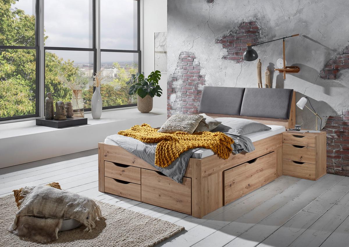 ŁÓŻKO ZE SCHOWKAMI MAXI - dąb artisan/szary, Konventionell, materiał drewnopochodny/tkanina (140/200cm) - Carryhome