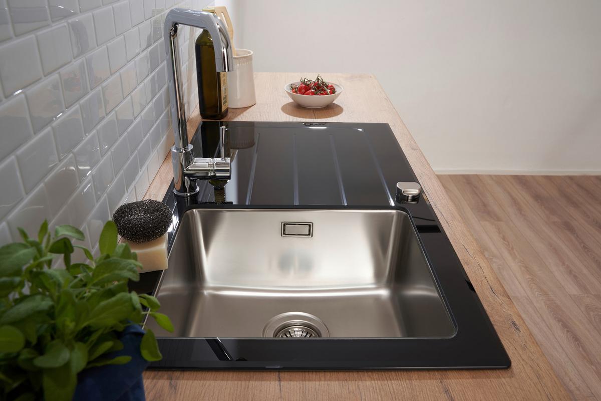 Spüle Schwarz Glas/Edelstahl B: ca. 86 cm - Schwarz, Trend, Glas/Metall (86/21/50cm) - Respekta