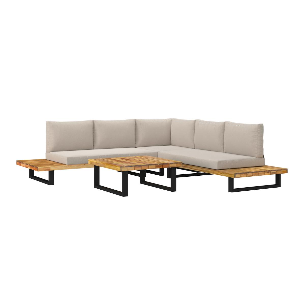 Loungegarnitur Cristina Creme Echtholz/Textil/Metall - Creme/Schwarz, Modern, Holz/Textil (254/78/82cm) - Bessagi Garden