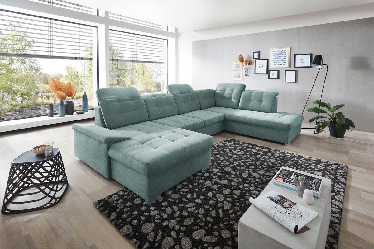 Wohnlandschaft Zira Mintgrün Nylon/Mikrofaser - Chromfarben/Mintgrün, Design, Kunststoff/Textil (169/330/212cm) - Livetastic
