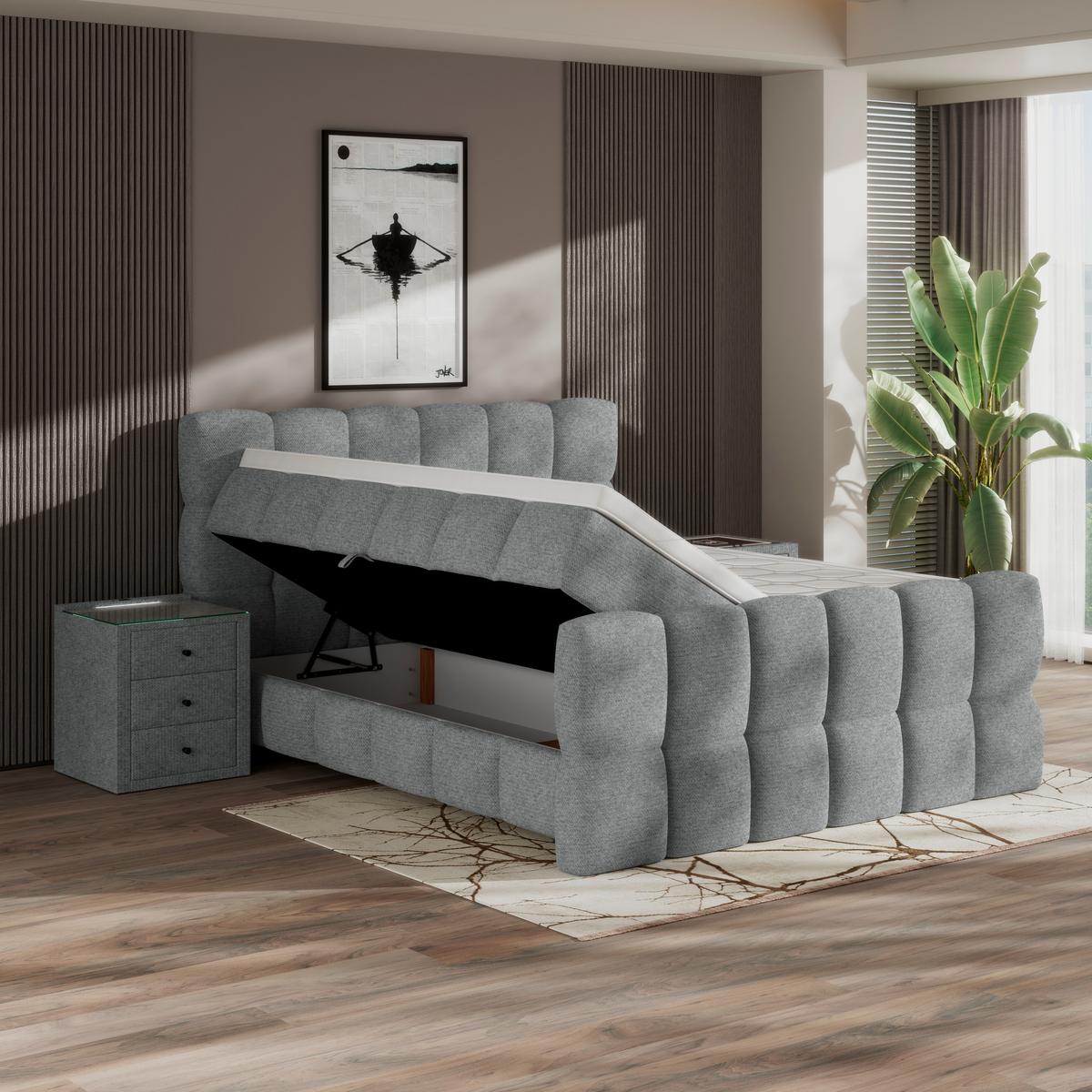 Postelja Boxspring Brisbane, Siva, 160x200 - siva/črna, Trend, kovina/umetna masa (160/200cm) - Premium Living