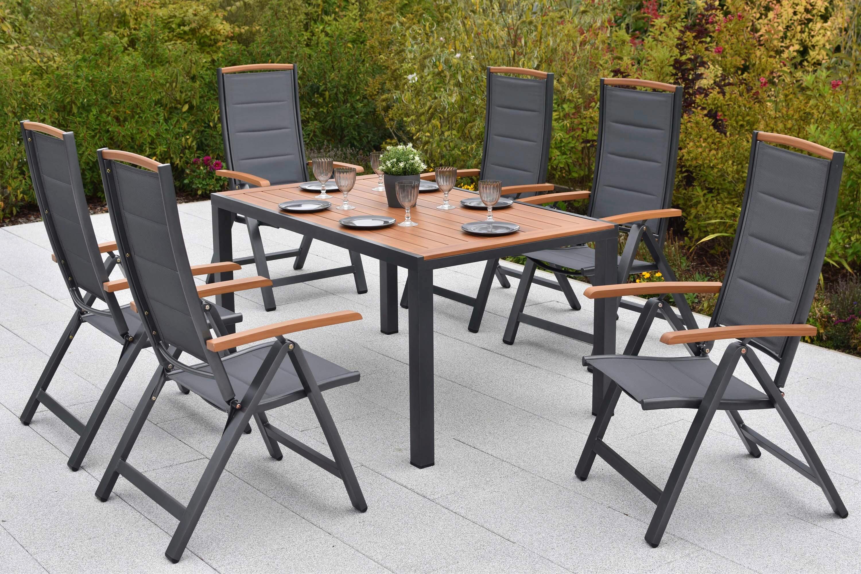 Gartentischgruppe Tino 7-tlg. Graphitfarben - Graphitfarben/Naturfarben, KONVENTIONELL, Textil/Metall - Gardenson