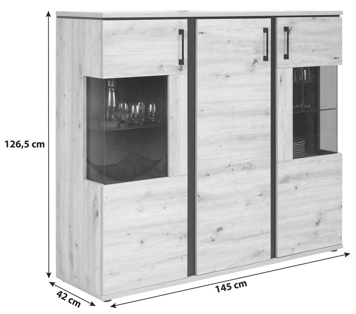 Comodă înaltă NATURE NATK 02 - culoare lemn stejar, Konventionell, sticlă/material pe bază de lemn (145cm)