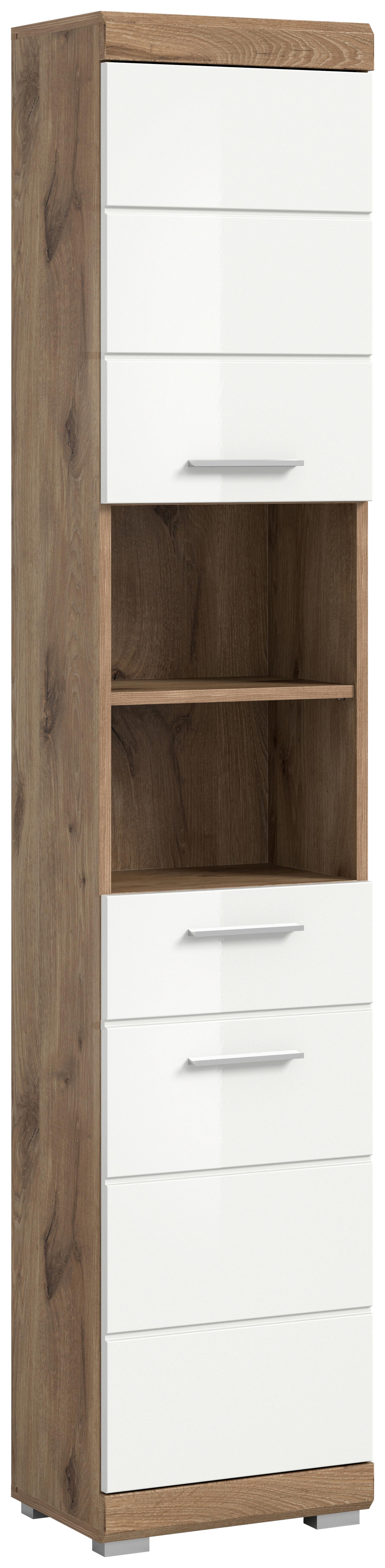 Hochschrank Wave ca. 37x191 cm Eiche/Weiß - Chromfarben/Weiß Hochglanz, MODERN, Holzwerkstoff/Kunststoff (37/191/31cm) - MID.YOU