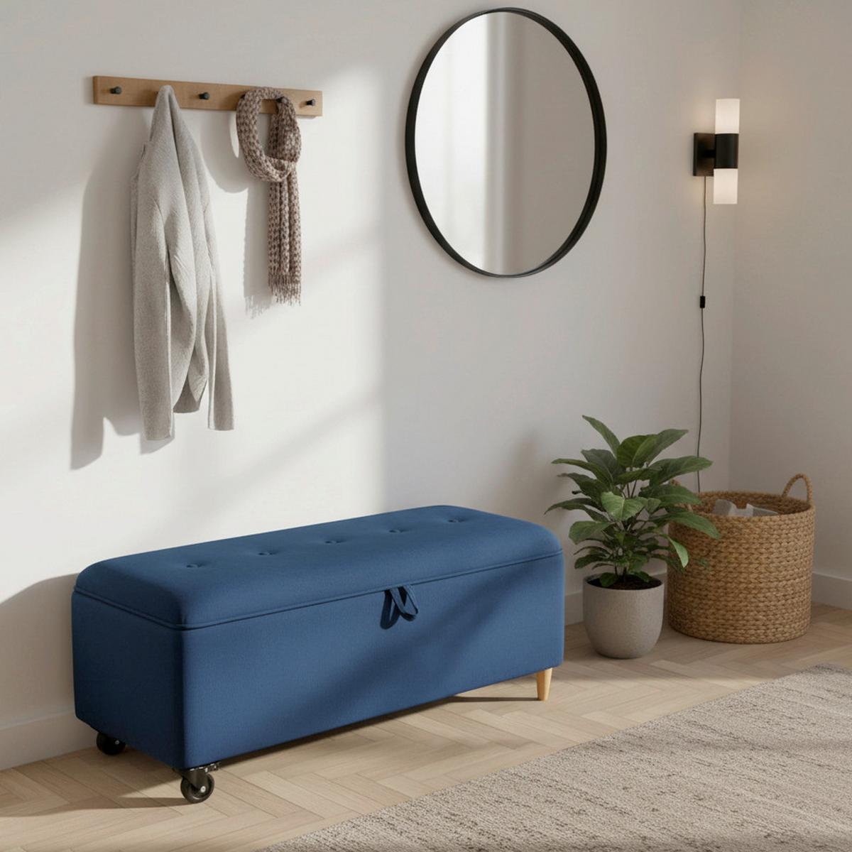 Hockerbank Ella Blau Samt Gepolstert mit Staurraum - Blau/Schwarz, MODERN, Holz/Textil (124/48/43cm) - Bessagi Home