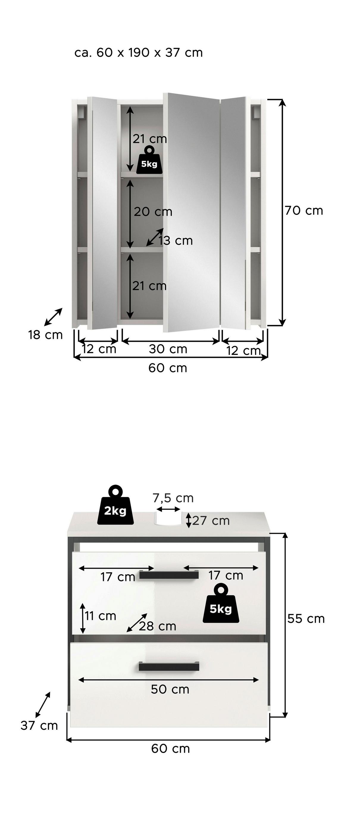 Badezimmer Kojak 2-tlg. Weiß/Anthrazit - Weiß Hochglanz/Schwarz, MODERN, Holzwerkstoff/Kunststoff (60cm) - MID.YOU