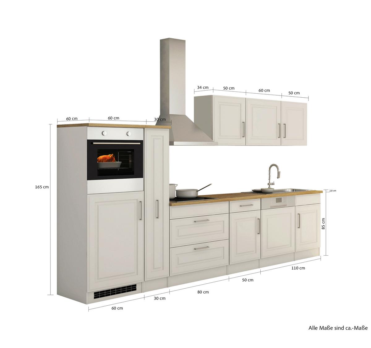 Küchenblock Rom m. Geräten B: ca. 330cm Weiß/Eichefarben - Alufarben/Weiß, MODERN, Holzwerkstoff/Metall (330cm) - Held
