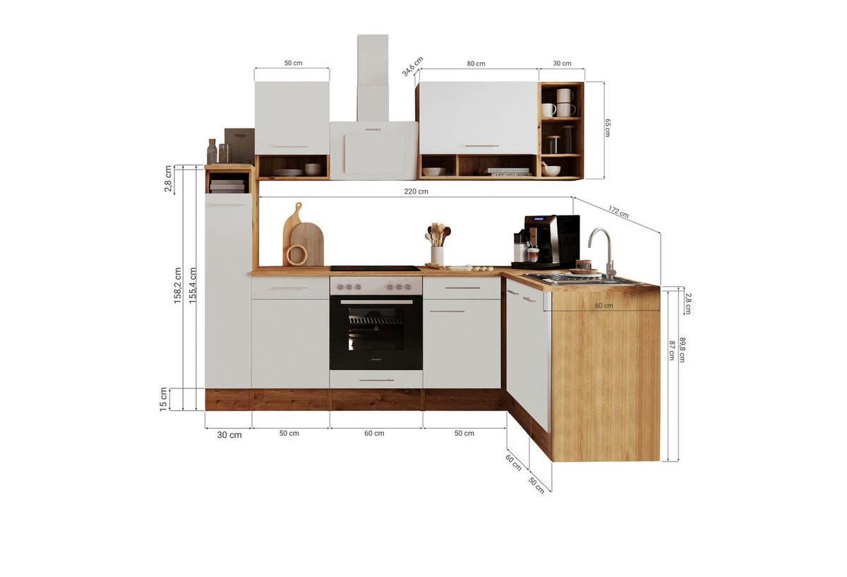 Eckküche Weiß/Eiche ca. 250x172 cm - Eichefarben/Weiß, Basics, Holzwerkstoff/Metall (250/172cm) - Respekta