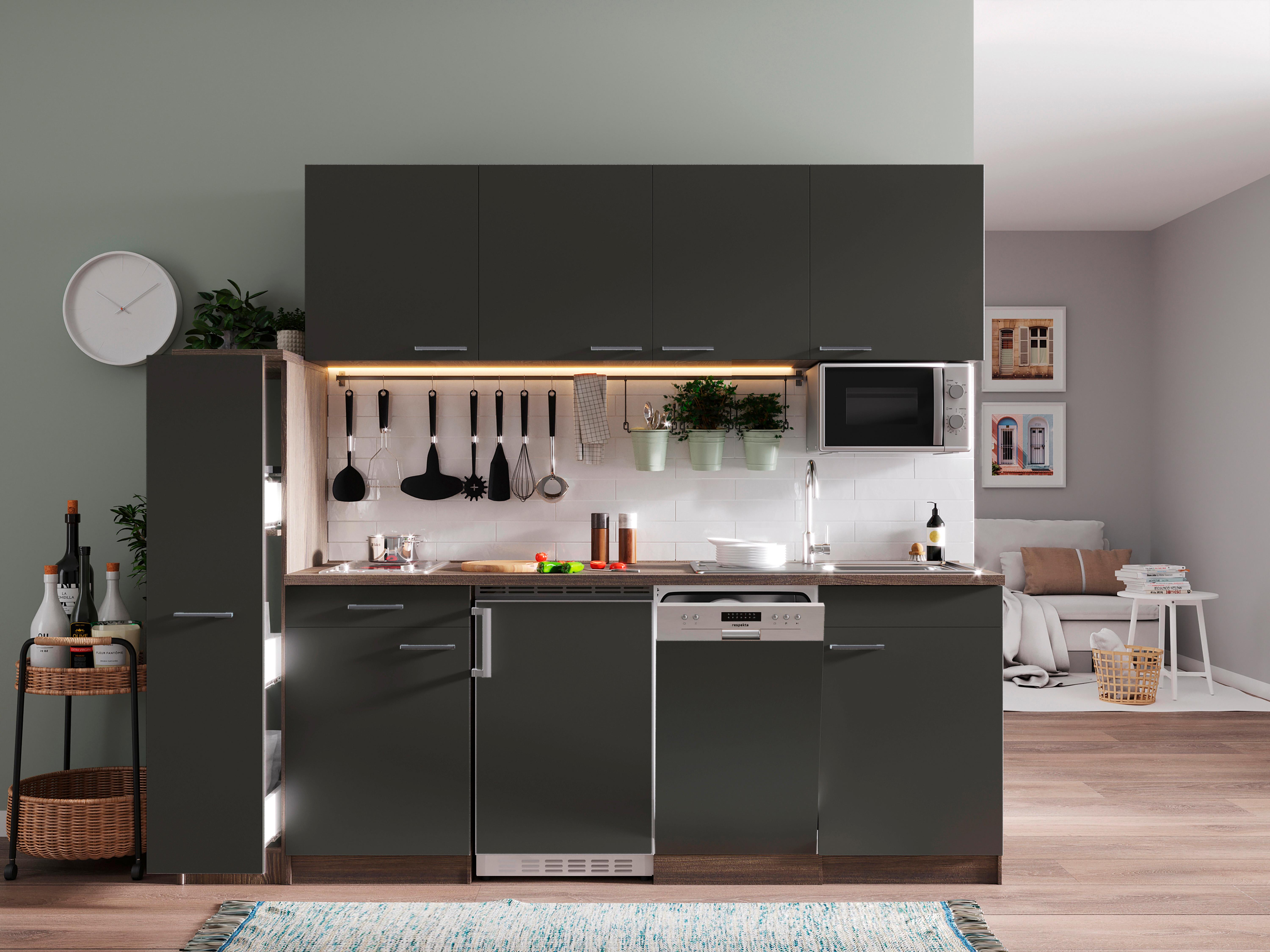 Küchenblock Oliver m. Geräten Grau - Eichefarben/Alufarben, Basics, Holzwerkstoff/Kunststoff (225cm) - Respekta