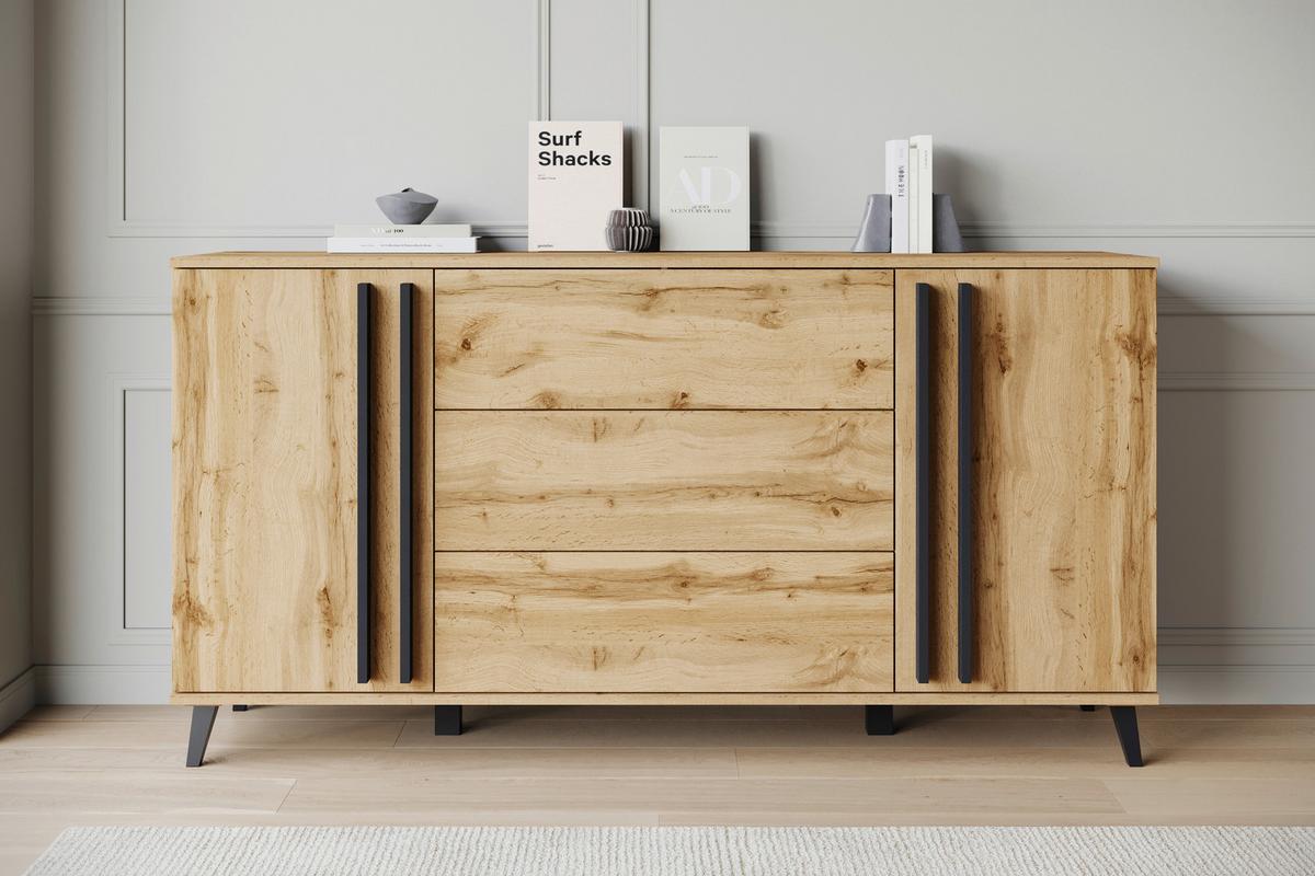 Sideboard Helsinki Eiche Wotan Dekor B: 150cm - Eiche Wotan/Schwarz, Trend, Holzwerkstoff/Kunststoff (150/77,8/39,5cm) - P & B