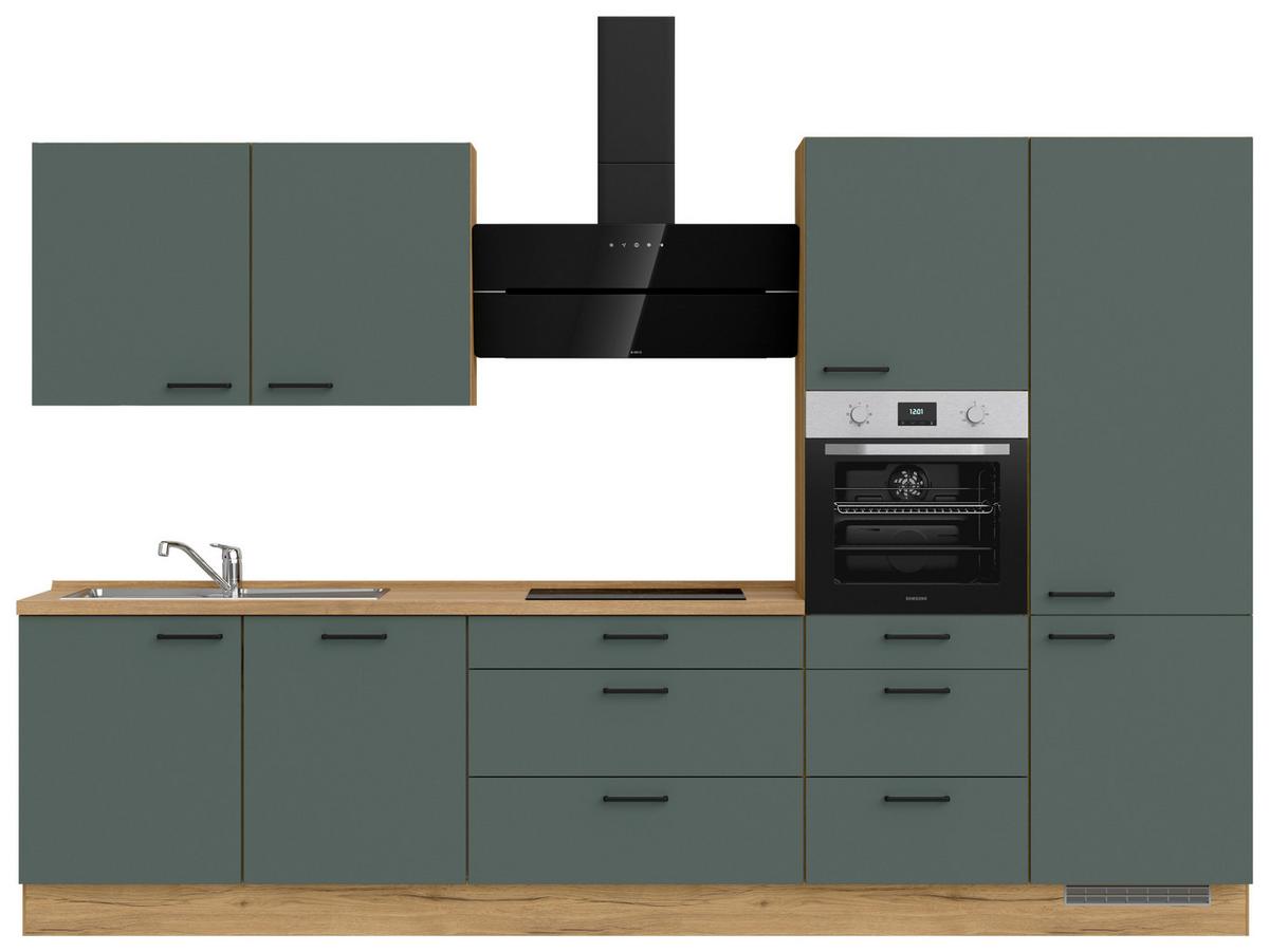 Küchenblock Easytouch High m. Geräten Dunkelgrün - Dunkelgrün/Eichefarben, MODERN, Holzwerkstoff/Metall (330cm) - Nobilia