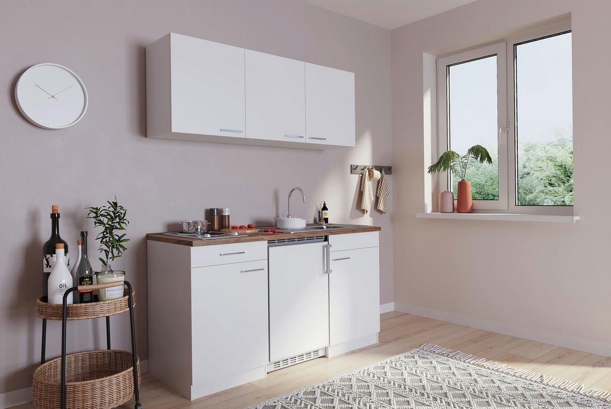 Miniküche Economy m. Geräten Weiß/ Nussbaum ca. 150 cm - Nussbaumfarben/Alufarben, Basics, Holzwerkstoff/Kunststoff (150cm) - Respekta
