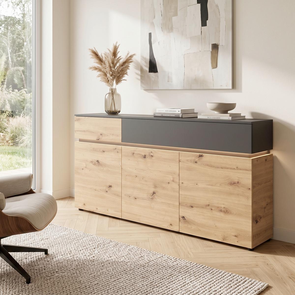 Široka Komoda Luci, Barva Hrasta, Antracit - siva/črna, Trend, umetna masa/leseni material (180,5/90,1/40cm) - Modern Living
