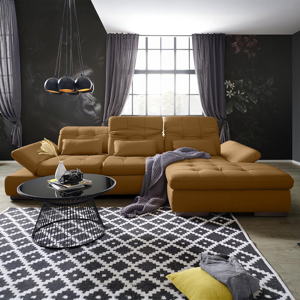 Wohnlandschaft Sanfino Leder Dunkelorange - Chromfarben/Dunkelorange, KONVENTIONELL, Leder/Metall (305/79-96/199cm) - Premium Living