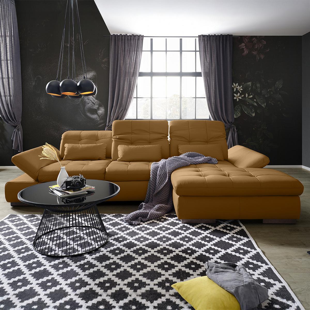 Wohnlandschaft Sanfino Leder Dunkelorange - Chromfarben/Dunkelorange, KONVENTIONELL, Leder/Metall (305/79-96/199cm) - Premium Living