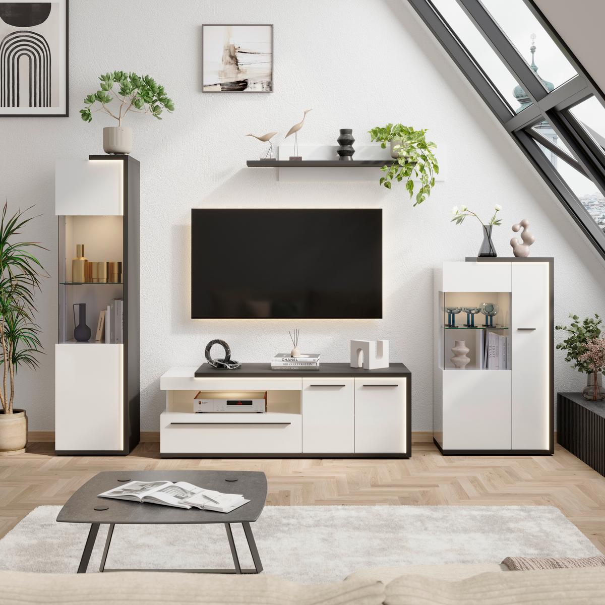 Vitrina Ambiente Plus - bijela/bijela visoki sjaj, Moderno, staklo/drvni materijal (48,5/199,1/43,6cm) - Modern Living