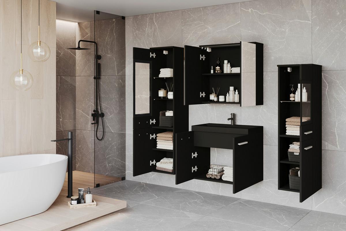 Badmöbel-Set 5-tlg. Madrit mit LED ca. 120 cm Schwarz - Silberfarben/Schwarz, LIFESTYLE, Glas/Keramik (120cm) - P & B