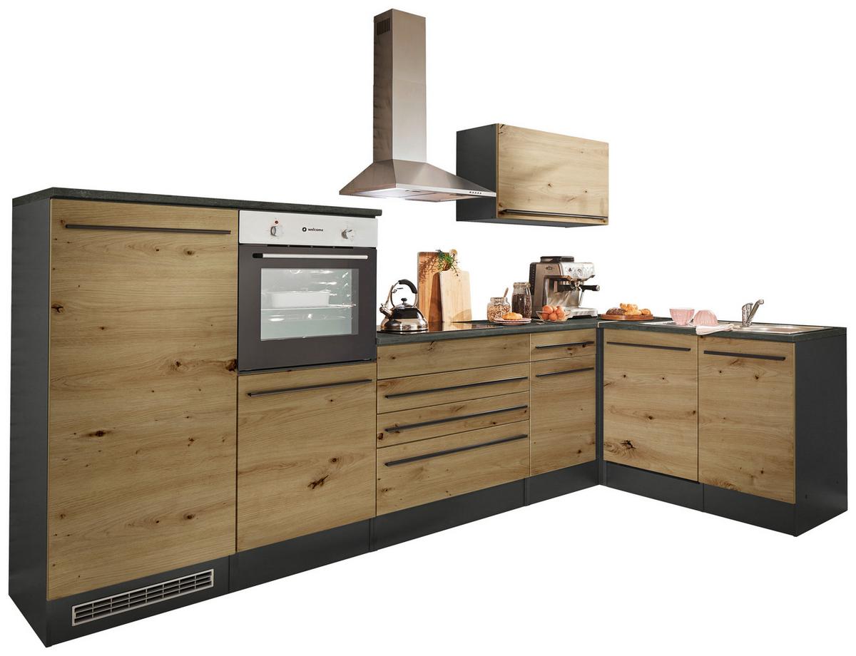 Eckküche Jazz mit Geräten ca.320x175cm Eiche/Anthrazit - Anthrazit/Schwarz, Basics, Holzwerkstoff/Kunststoff (320/175cm) - P & B