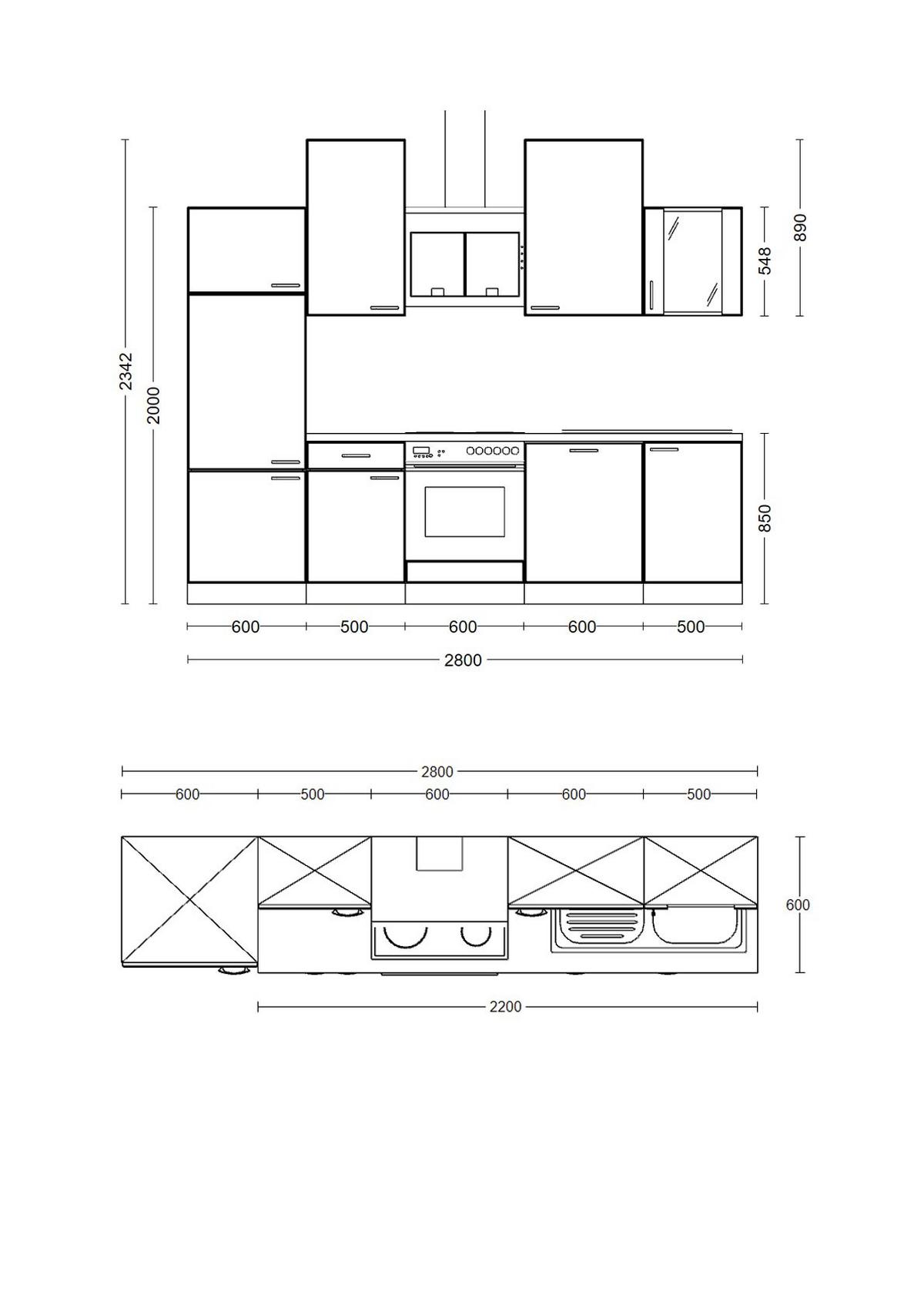 Küchenblock in Weiss inkl. Geräte und Spüle 'Wito' - Edelstahlfarben/Hellgrau, MODERN, Glas/Holzwerkstoff (280cm) - FlexWell