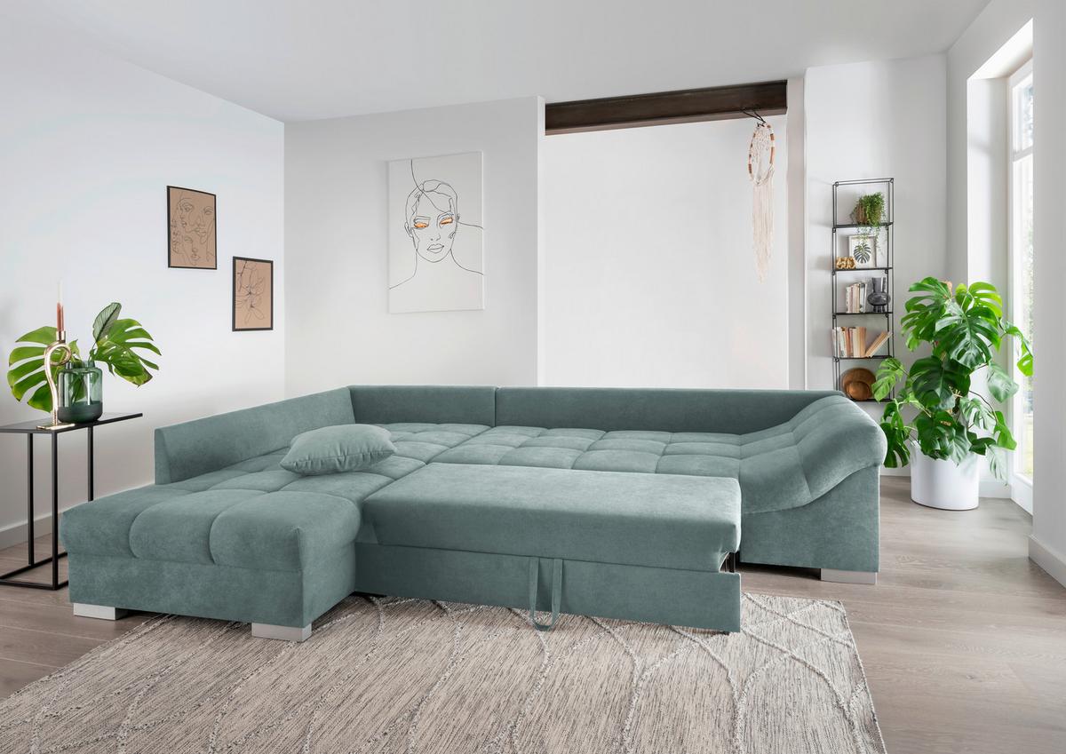 Wohnlandschaft Alvito Mintgrün Nylon/Mikrofaser - Silberfarben/Mintgrün, Design, Holz/Textil (202/298cm) - MID.YOU