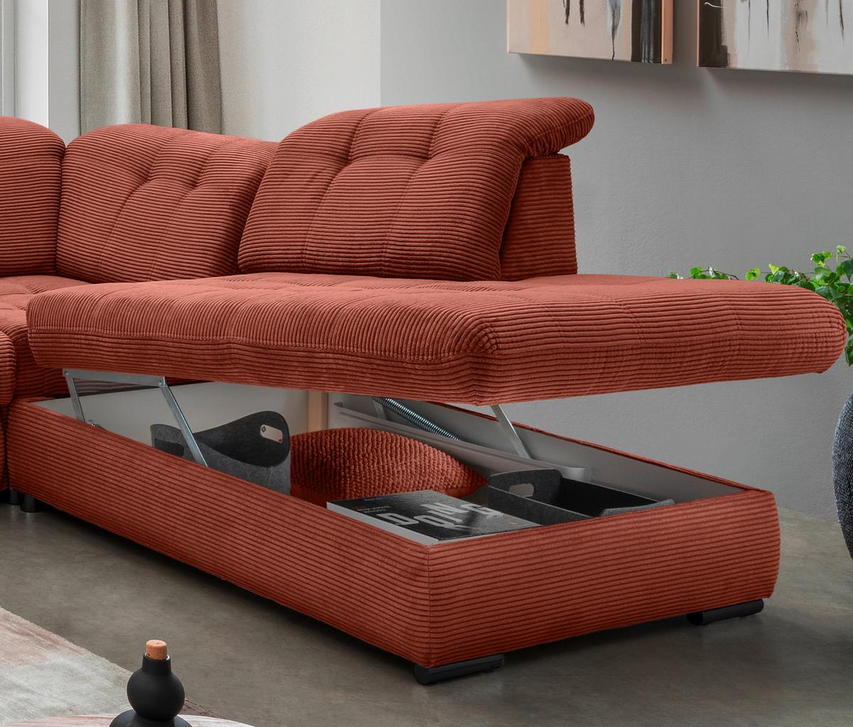 Wohnlandschaft Rigatti Koralle Cord mit Bettkasten - Koralle/Schwarz, MODERN, Textil/Metall (184/387/252cm) - Livetastic