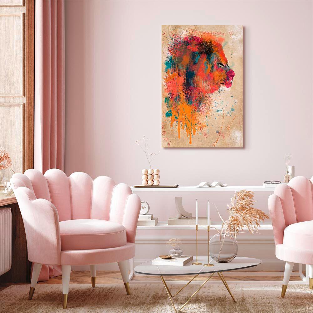 Slika Na Platnu Watercolor Lion - pink/barve korale, Basics, tekstil/les (80/120/1.2cm) - artgeist